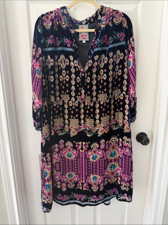Johnny Was Dresses & Skirts - Johnny Was Black Velvet Midi Dress with Pink and Blue Floral Print